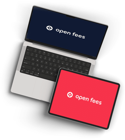 Laptop and tablet displaying the Open Fees logo on their screens