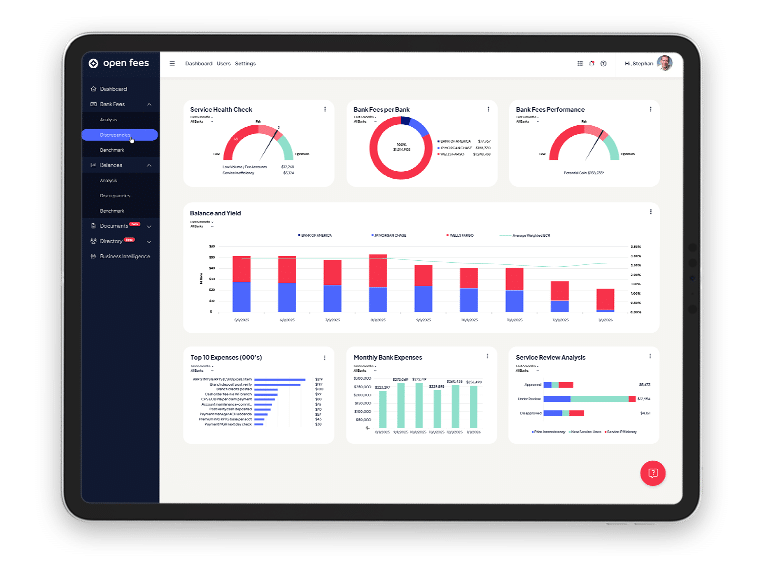 Tablet displaying the Open Fees dashboard with bank fee analytics, charts, and expense reports